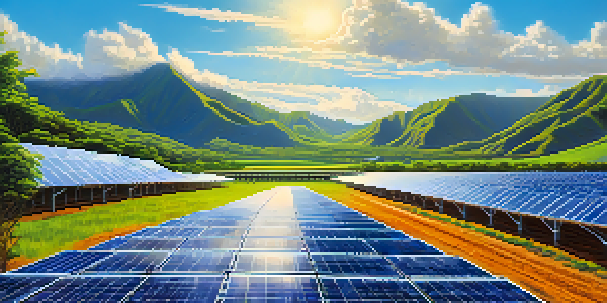 A solar farm in Hawaii featuring rows of solar panels under a clear blue sky, with green landscapes and volcanic mountains in the background.