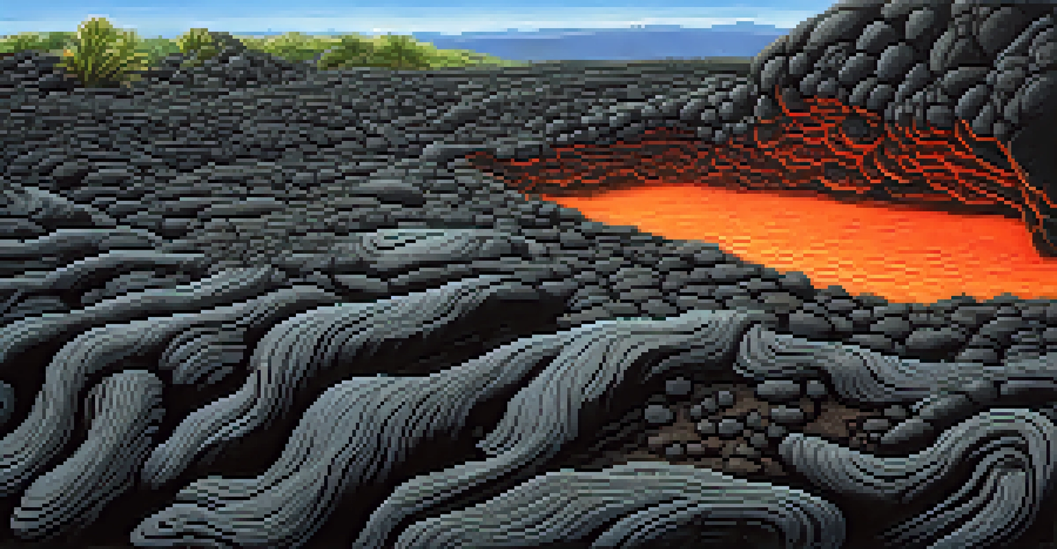 Close-up of pahoehoe lava with smooth texture and emerging plants.