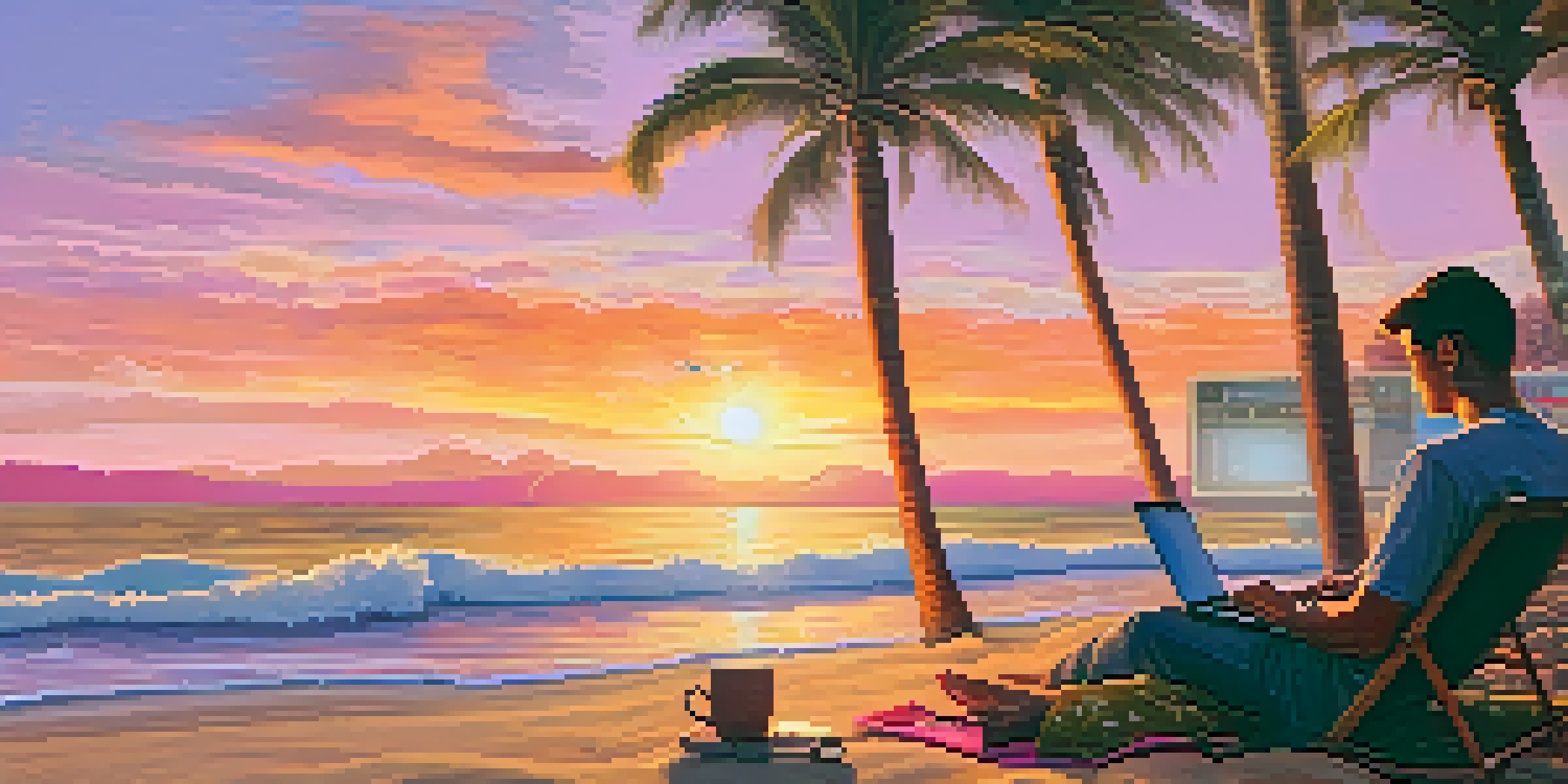 A remote worker on a beach in Hawaii during sunset, using a laptop with palm trees and waves in the background.