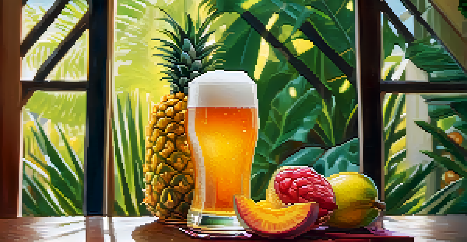 A close-up of a pint of craft beer with tropical fruits like pineapple and guava, showcasing the vibrant colors and refreshing look.