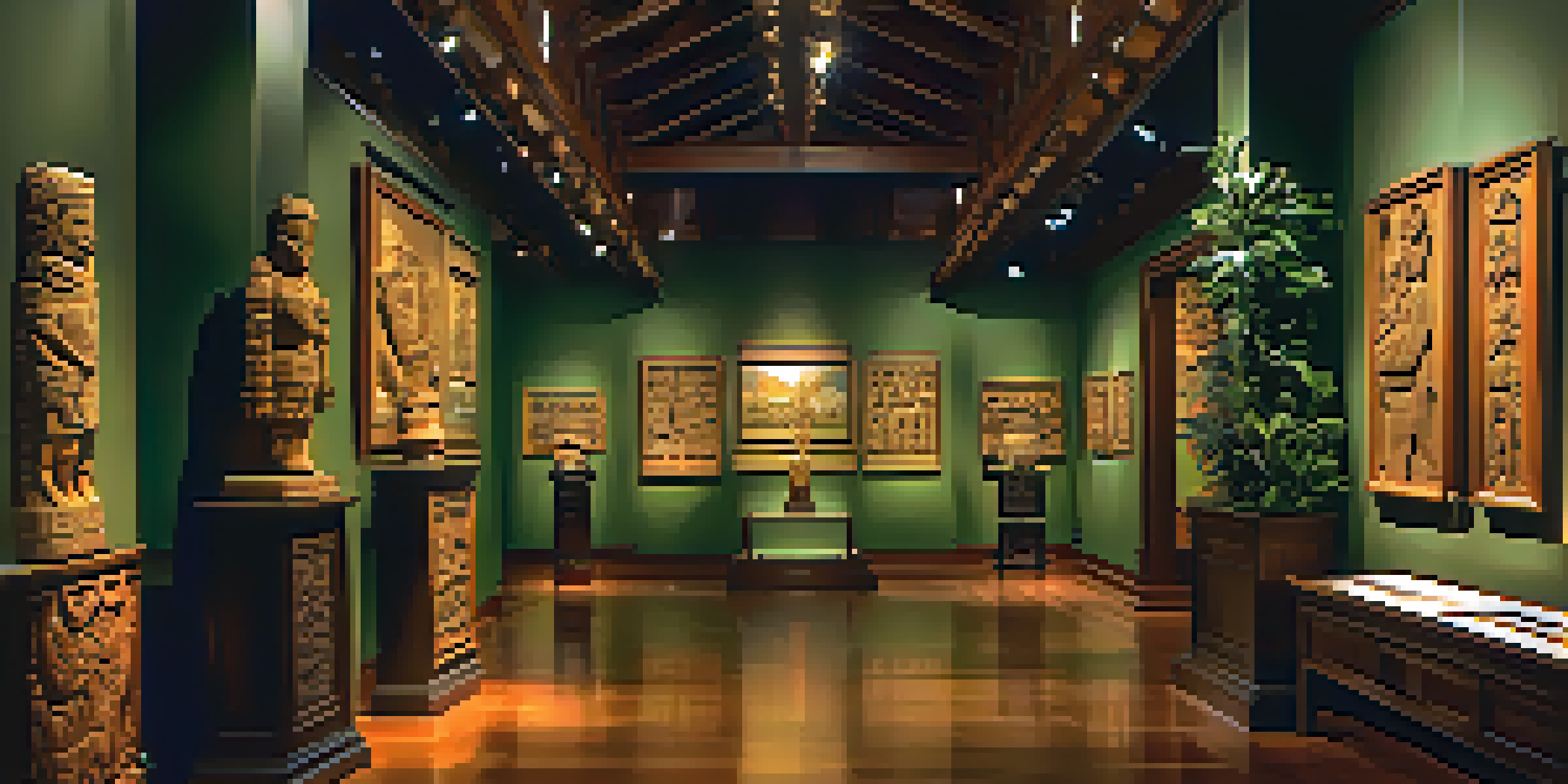 Interior view of Bishop Museum's Hawaiian Hall showcasing ancient Hawaiian artifacts with warm lighting and intricate carvings.