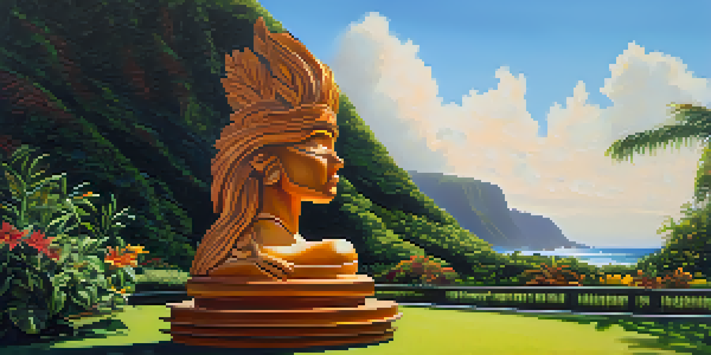 A colorful sculpture representing the spirit of Kauai, set among lush greenery and tropical flowers with cliffs in the background.