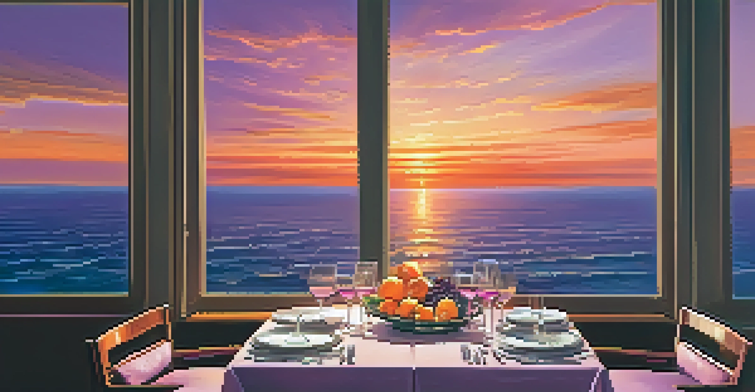 A romantic dining setup with gourmet dishes and wine glasses, overlooking a stunning sunset over the ocean.