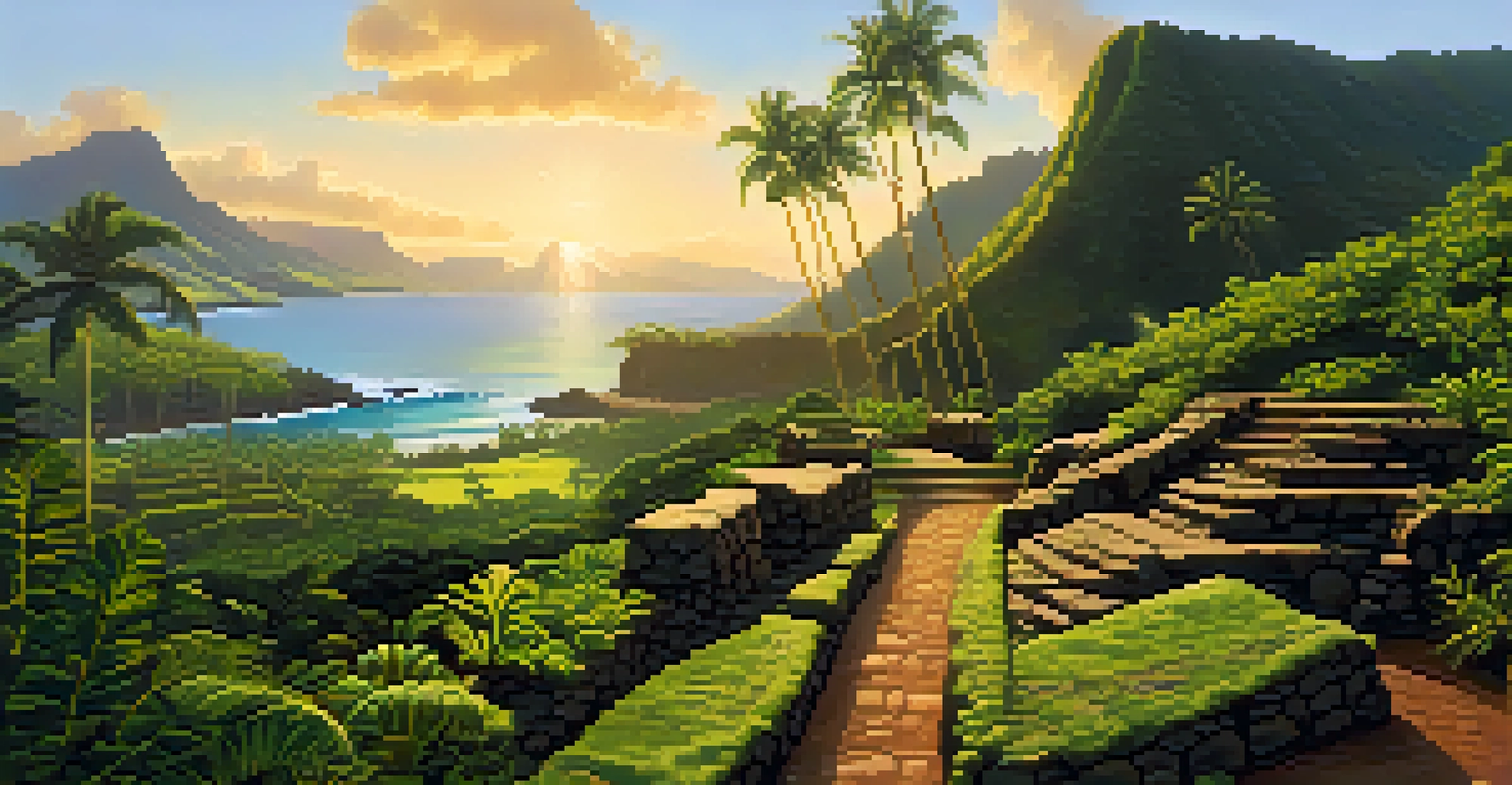A scenic view of a sacred Hawaiian cultural site with ancient stone structures and greenery, featuring a pathway and historical markers under soft morning light.