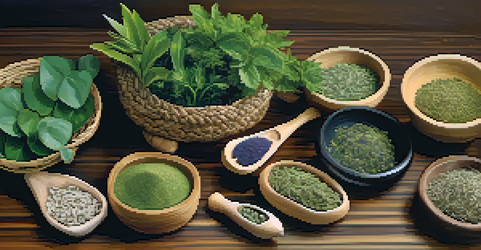 A close-up view of Hawaiian healing herbs displayed on a wooden table with labels and natural lighting.