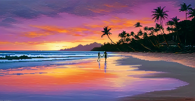 A picturesque Hawaiian sunset with palm trees and a couple walking on the beach.