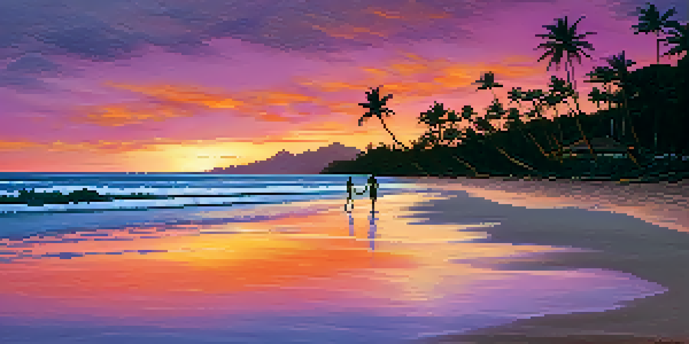 A picturesque Hawaiian sunset with palm trees and a couple walking on the beach.