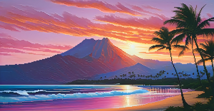 A scenic view of a Hawaiian beach during sunset, showcasing vibrant colors in the sky and calm waters.