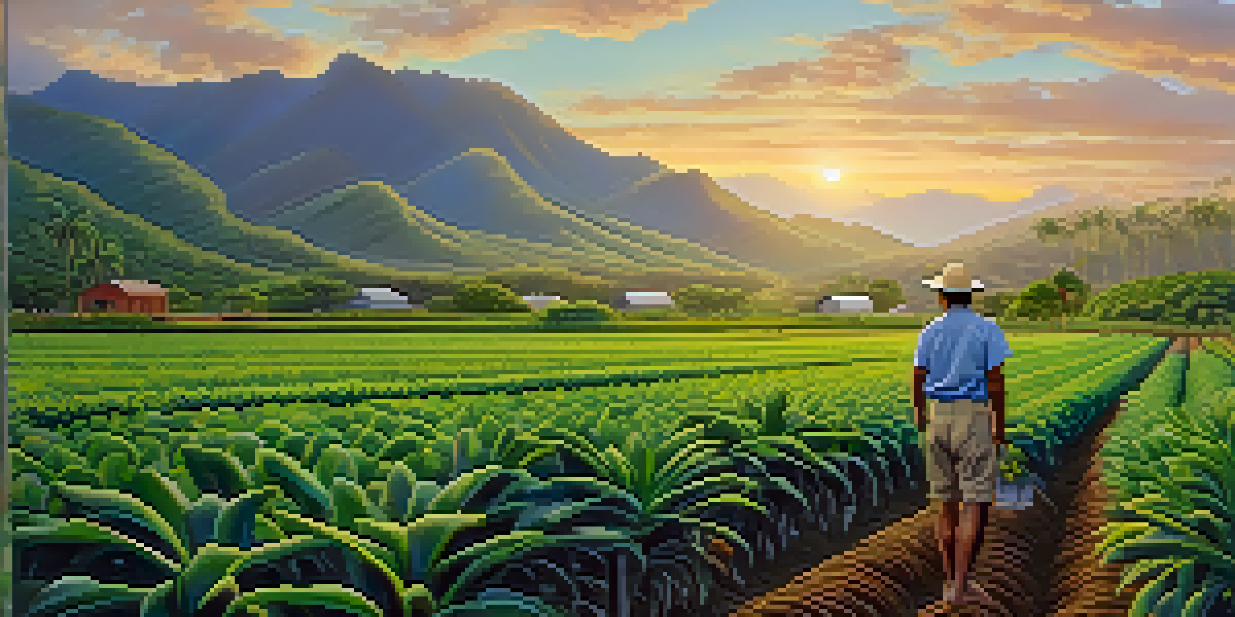 A peaceful Hawaiian farm at sunrise with green crops and a farmer tending to them.