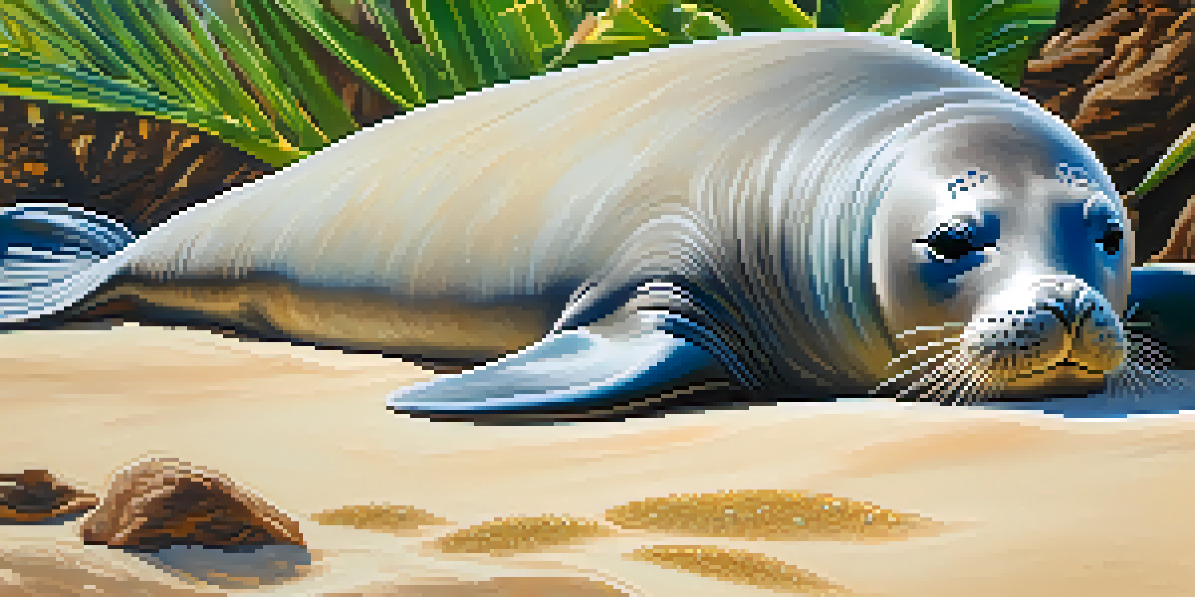 A Hawaiian monk seal resting on a sandy beach with turquoise water and tropical plants around it.