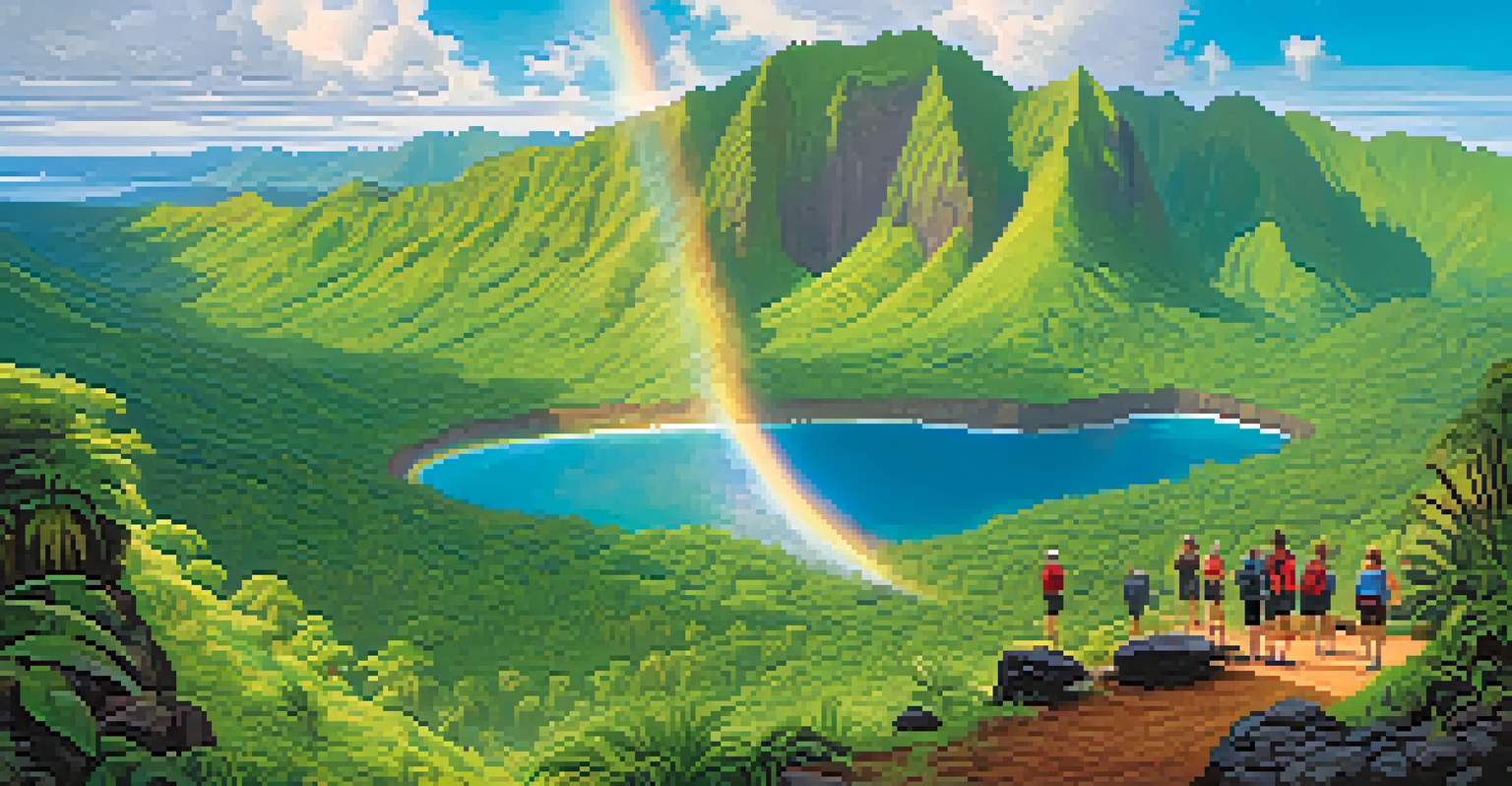 A breathtaking panoramic view of the Hawaiian landscape featuring mountains, waterfalls, and hikers on a trail under a rainbow.