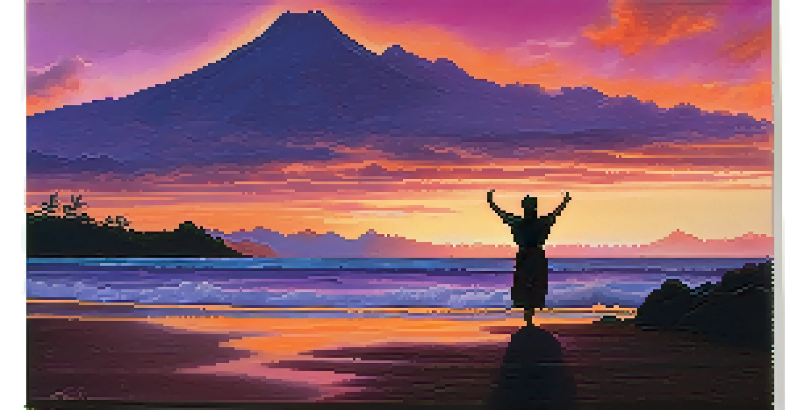 A peaceful Hawaiian beach at sunset, with a person practicing chants on the shore, silhouetted against a colorful sky and ocean.