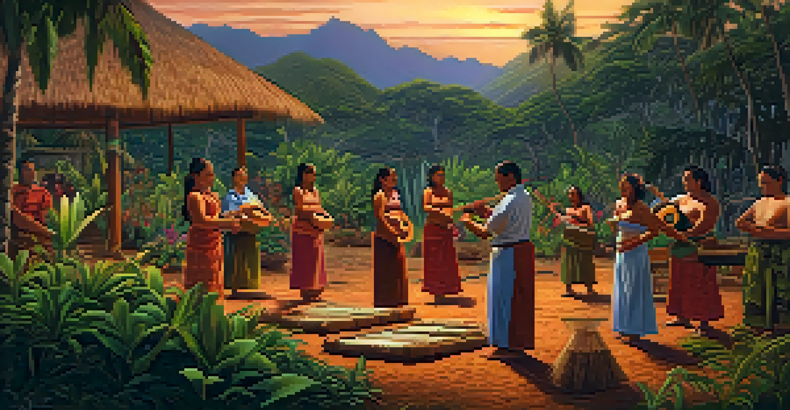 An indigenous Hawaiian community participating in traditional practices among native plants, with a warm sunset in the background.