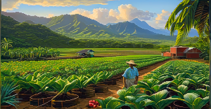 A colorful Hawaiian farm with various crops, including tropical fruits and coffee plants, under warm golden sunlight.