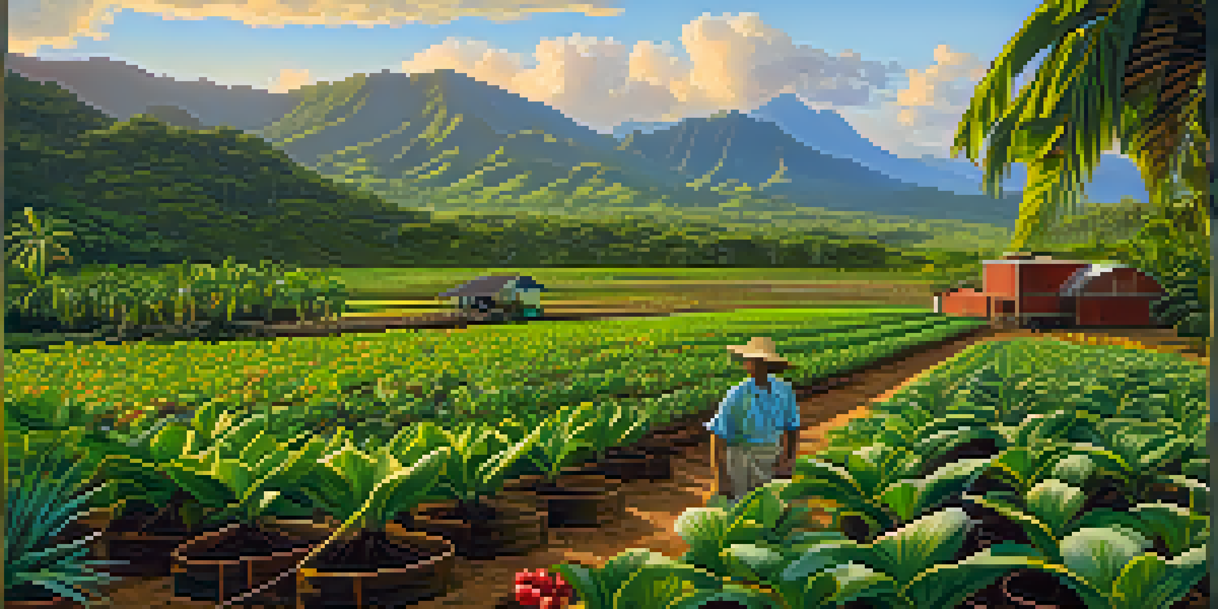 A colorful Hawaiian farm with various crops, including tropical fruits and coffee plants, under warm golden sunlight.