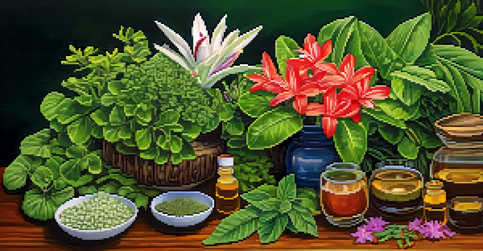 An artistic arrangement of traditional Hawaiian herbs and flowers on a wooden table, showcasing their colors and textures.