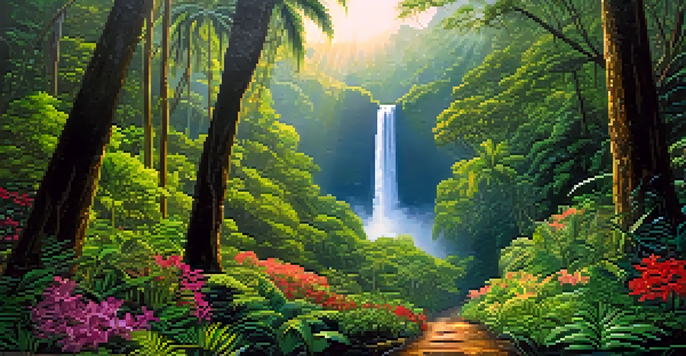 A vibrant Hawaiian rainforest with sunlight filtering through the trees and a waterfall in the distance.