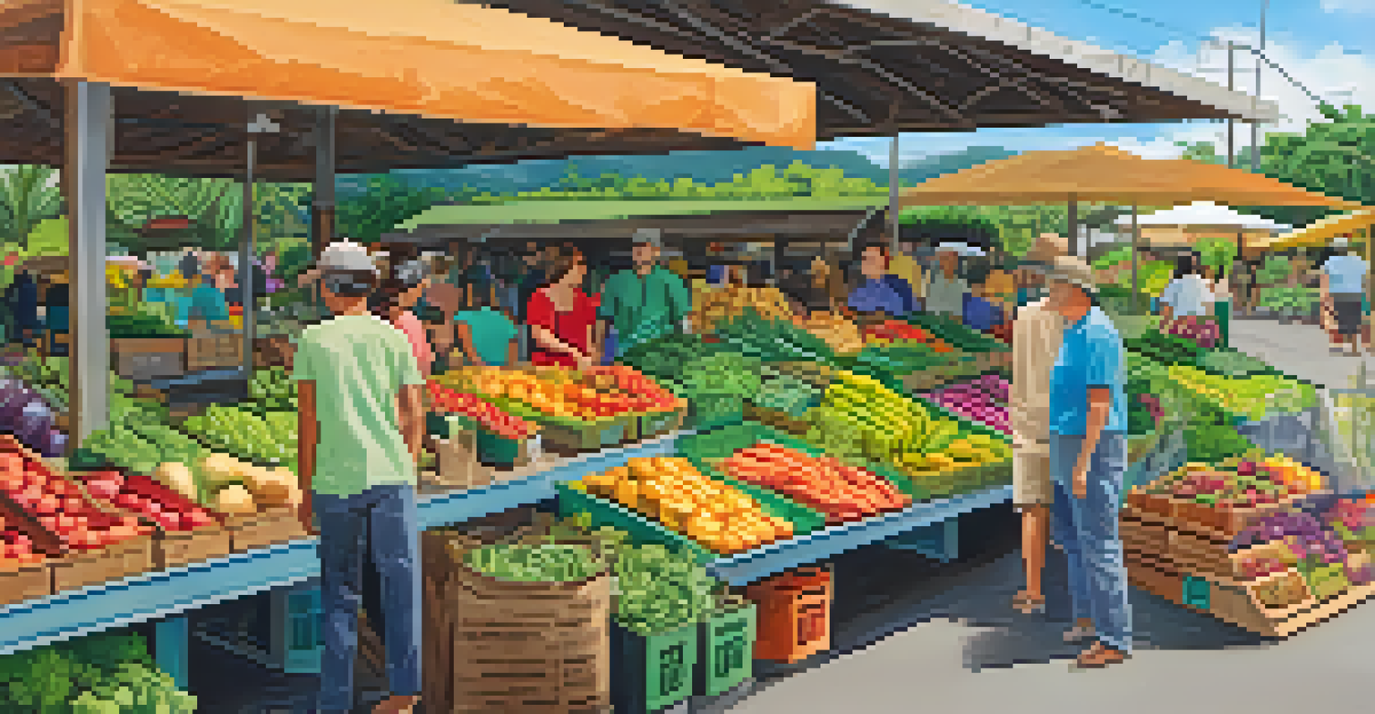 A lively CSA market in Hawaii with colorful organic produce and local farmers interacting with customers in a warm atmosphere.