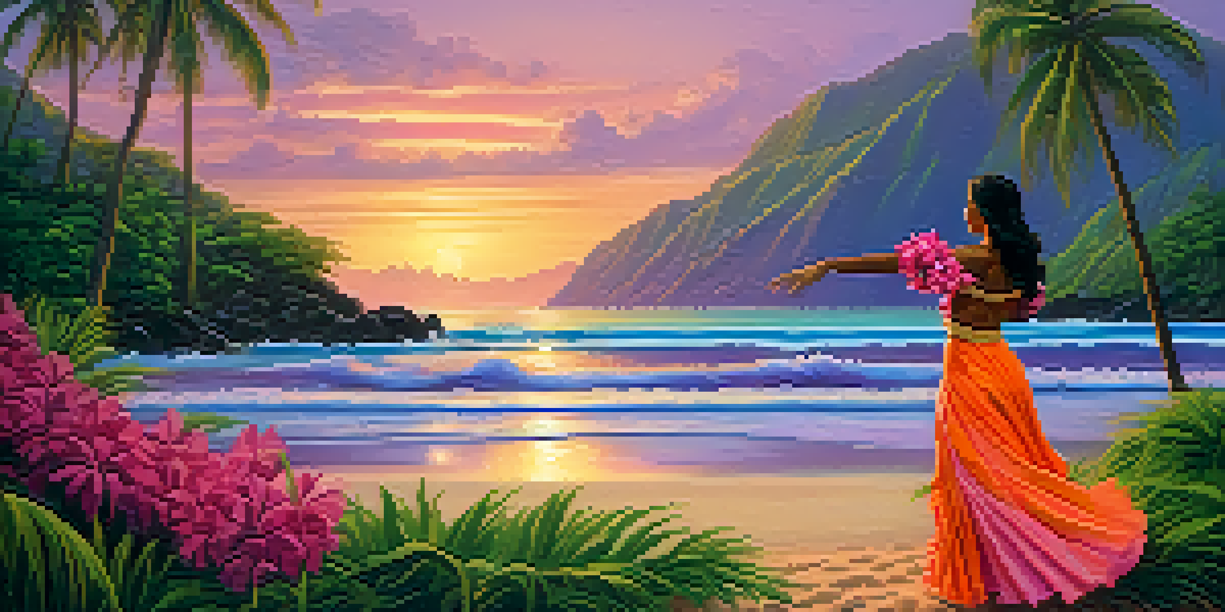 A Hawaiian hula dancer performs on a beach at sunset, with mountains and palm trees in the background.