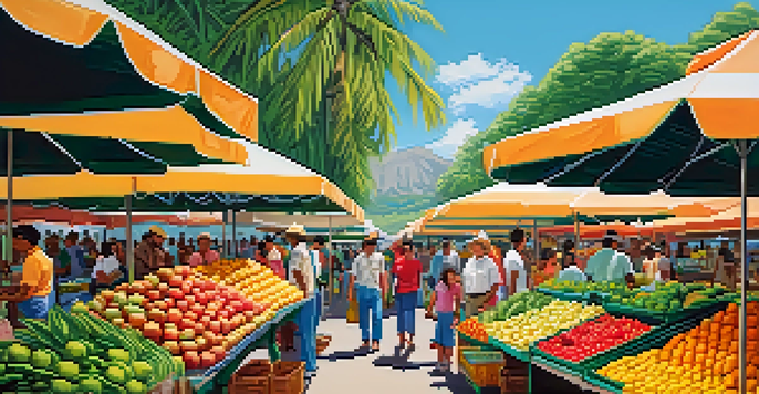 A lively farmers' market in Hawaii filled with colorful stalls of fresh fruits and vegetables, with people engaging and lush greenery in the background.