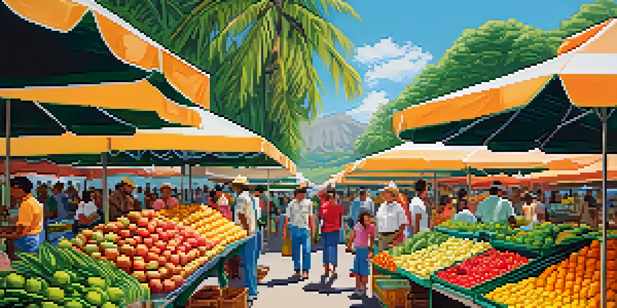 A lively farmers' market in Hawaii filled with colorful stalls of fresh fruits and vegetables, with people engaging and lush greenery in the background.