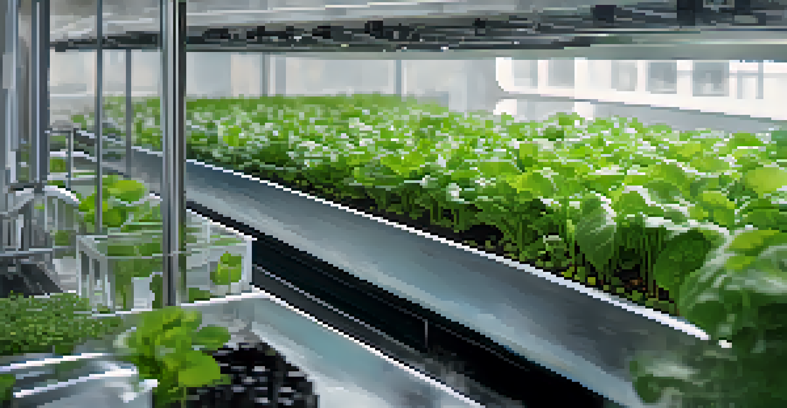 A close-up of hydroponically grown plants in clear containers, showcasing vibrant green lettuce and herbs, with urban buildings blurred in the background.
