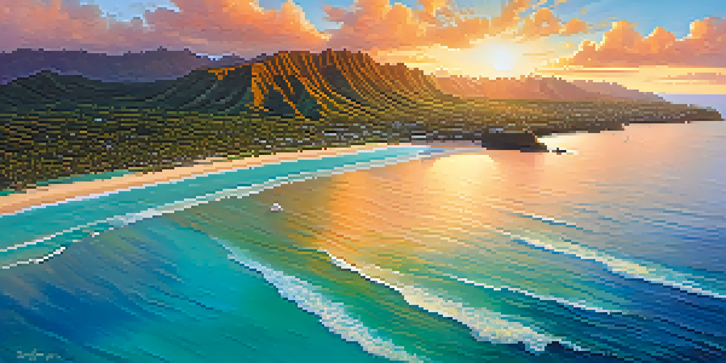 Aerial view of Hawaii's coastline with coral reefs, turquoise waters, and palm trees during sunset.