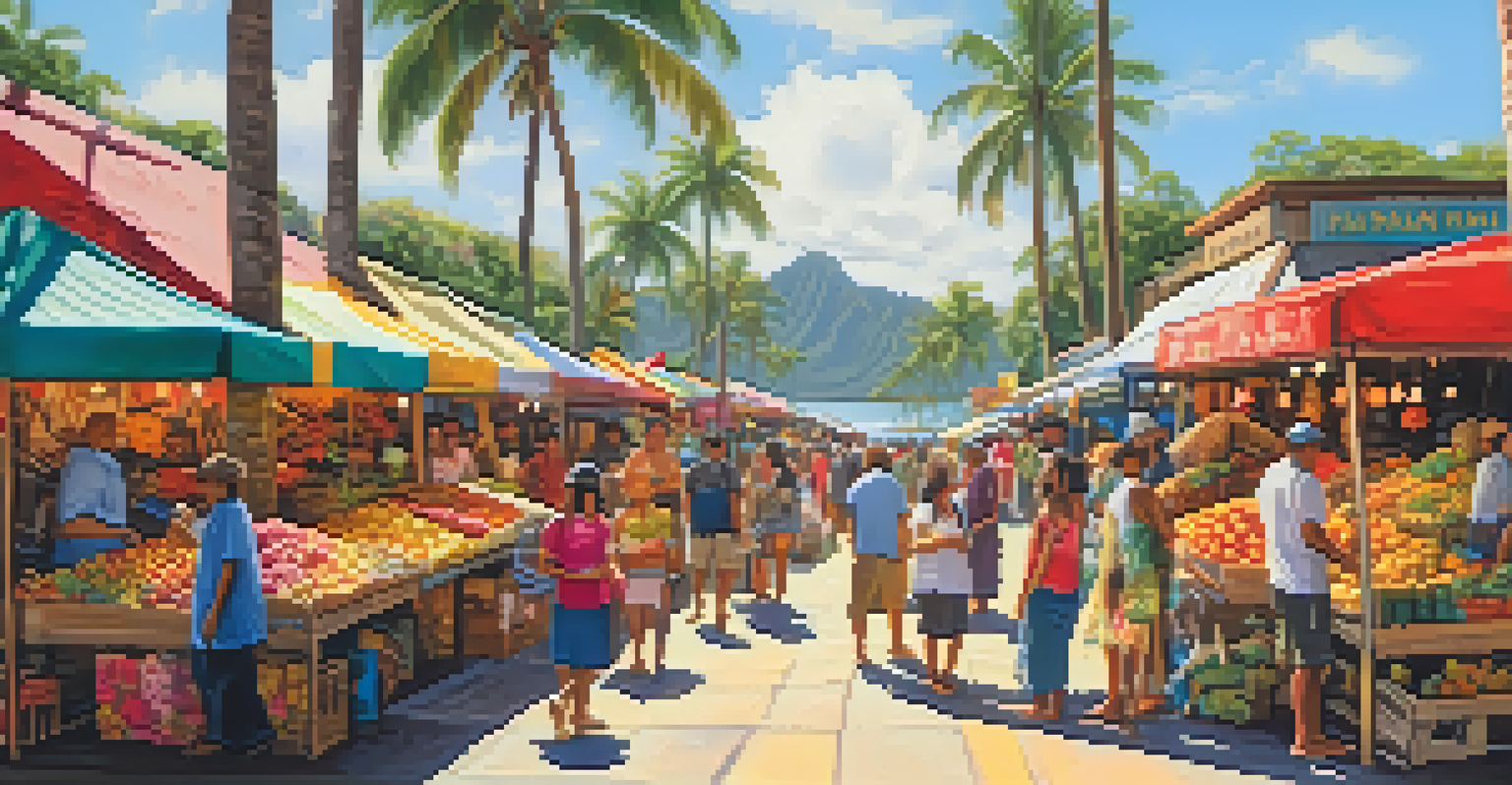 A lively Hawaiian market with locals and tourists, showcasing colorful stalls and palm trees under the sun.