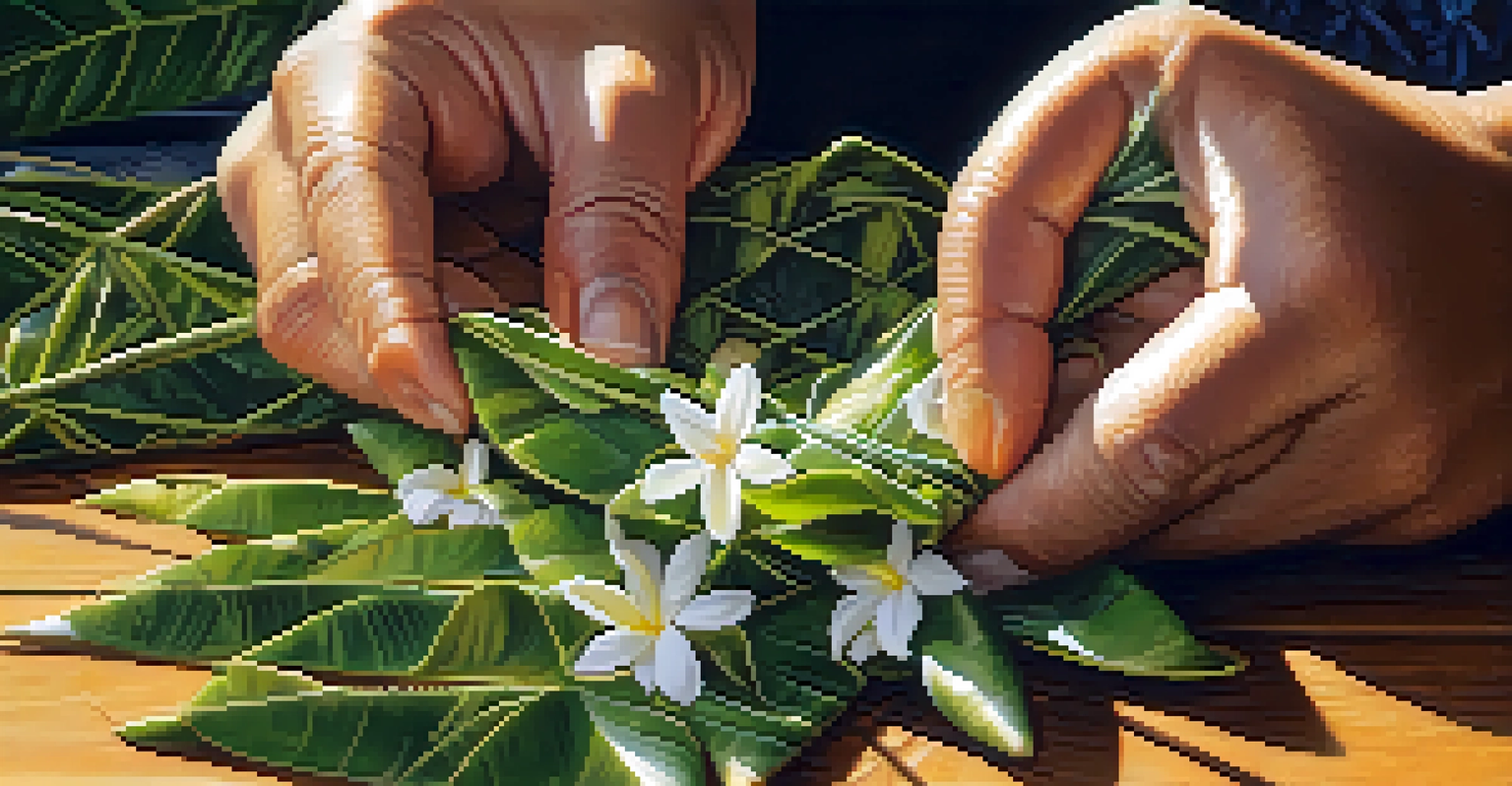 Hands weaving a traditional Hawaiian lei from maile leaves and flowers under warm sunlight.