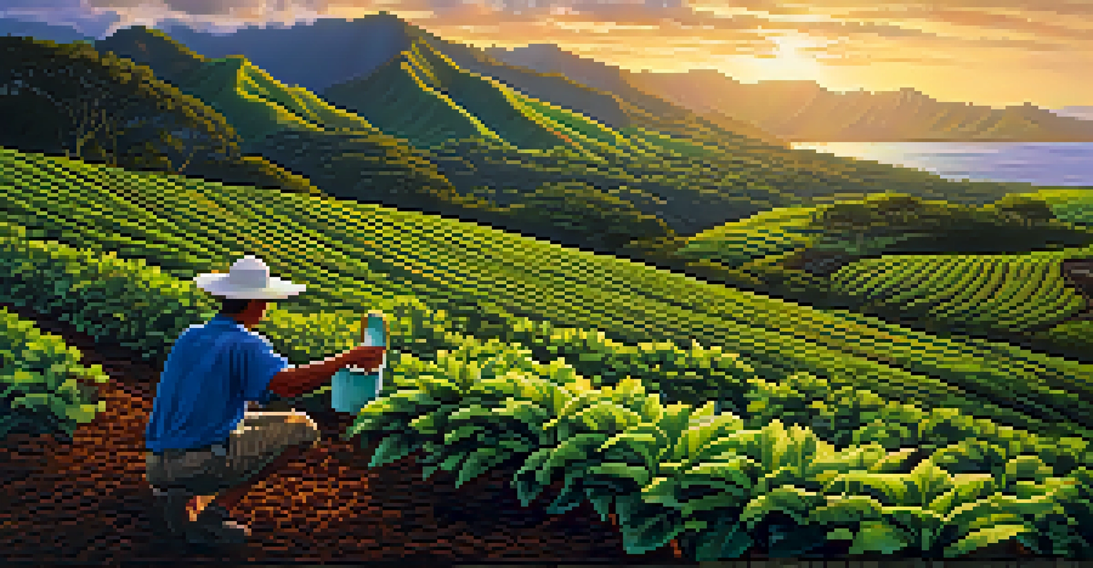 A serene Hawaiian coffee plantation with a farmer tending to the crops, rolling hills, and a sunset illuminating the landscape.