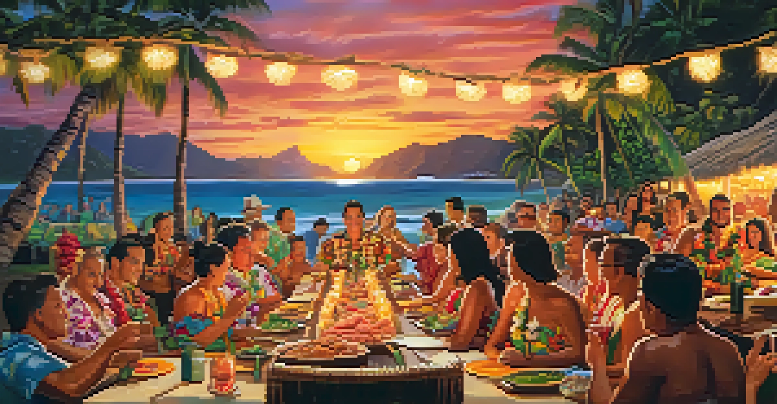 A lively Hawaiian luau at sunset with a table full of traditional dishes and guests enjoying the festivities, including hula dancers in the background.