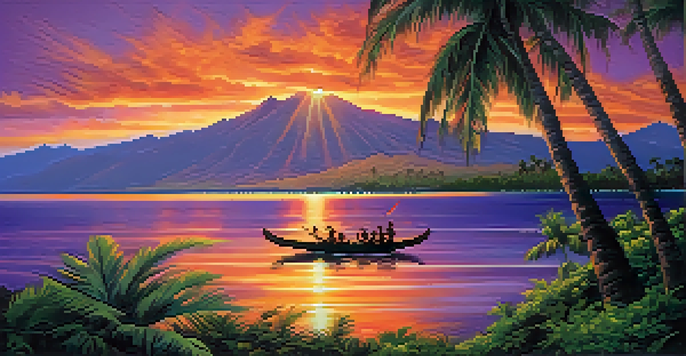 A sunset view over the Hawaiian Islands, with colorful skies and a canoe on the water, surrounded by palm trees and mountains.
