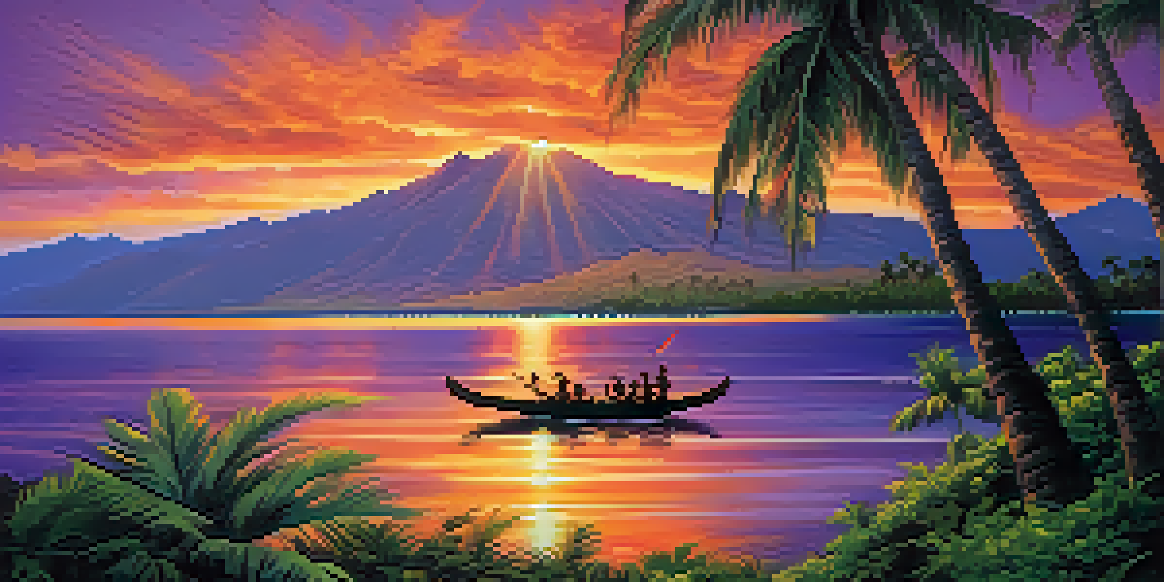 A sunset view over the Hawaiian Islands, with colorful skies and a canoe on the water, surrounded by palm trees and mountains.