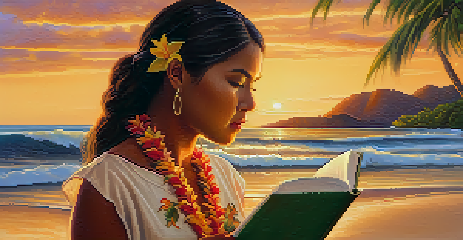 A young Hawaiian woman with a traditional language book at the beach during sunset, showing determination and pride.
