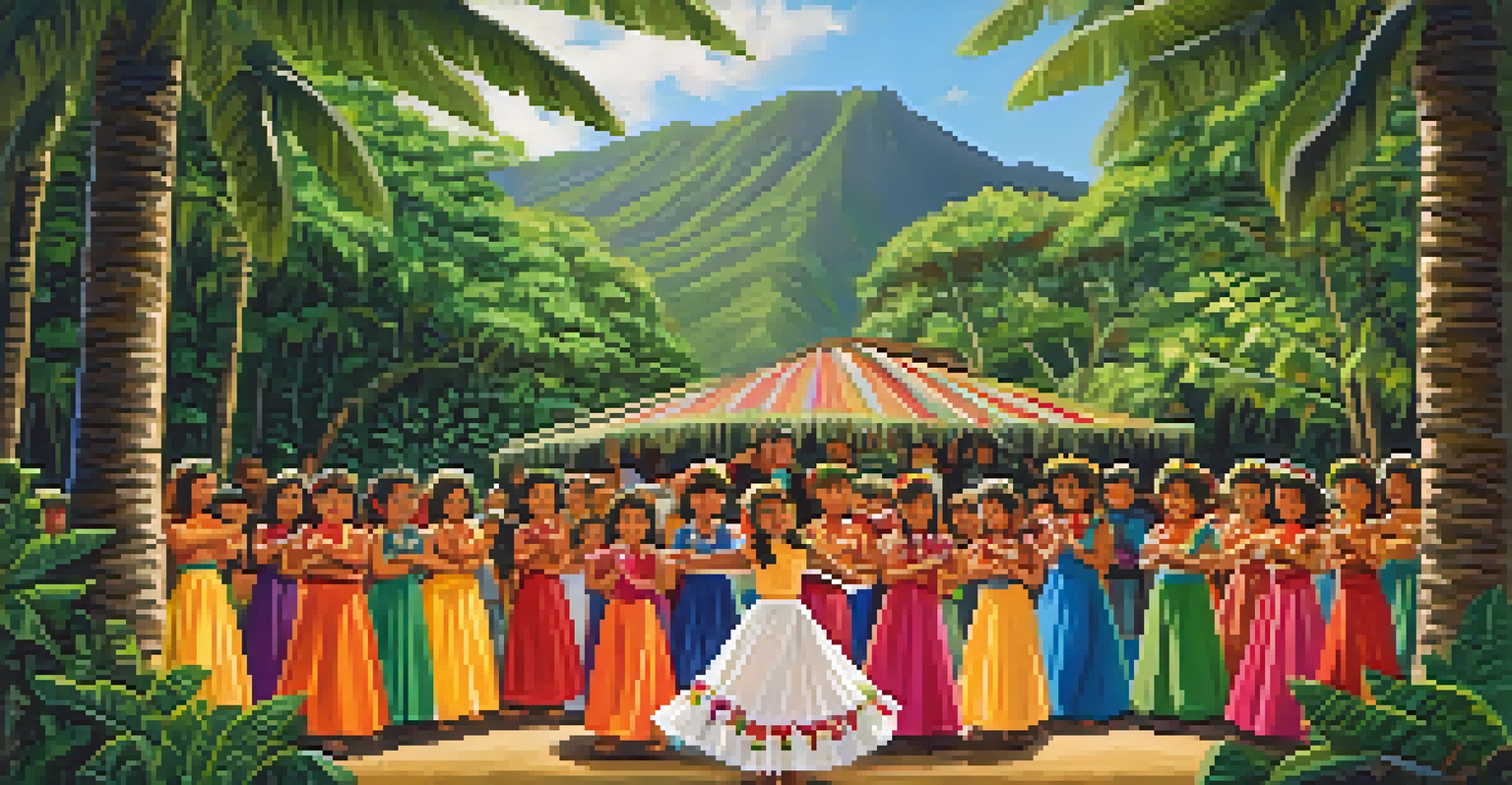 A community event showcasing traditional Hawaiian hula dance, with families enjoying the celebration in a beautiful outdoor setting.