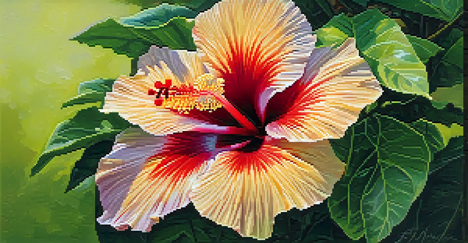 A close-up of a vibrant Hawaiian hibiscus flower with red and yellow petals, surrounded by green leaves and morning dew.