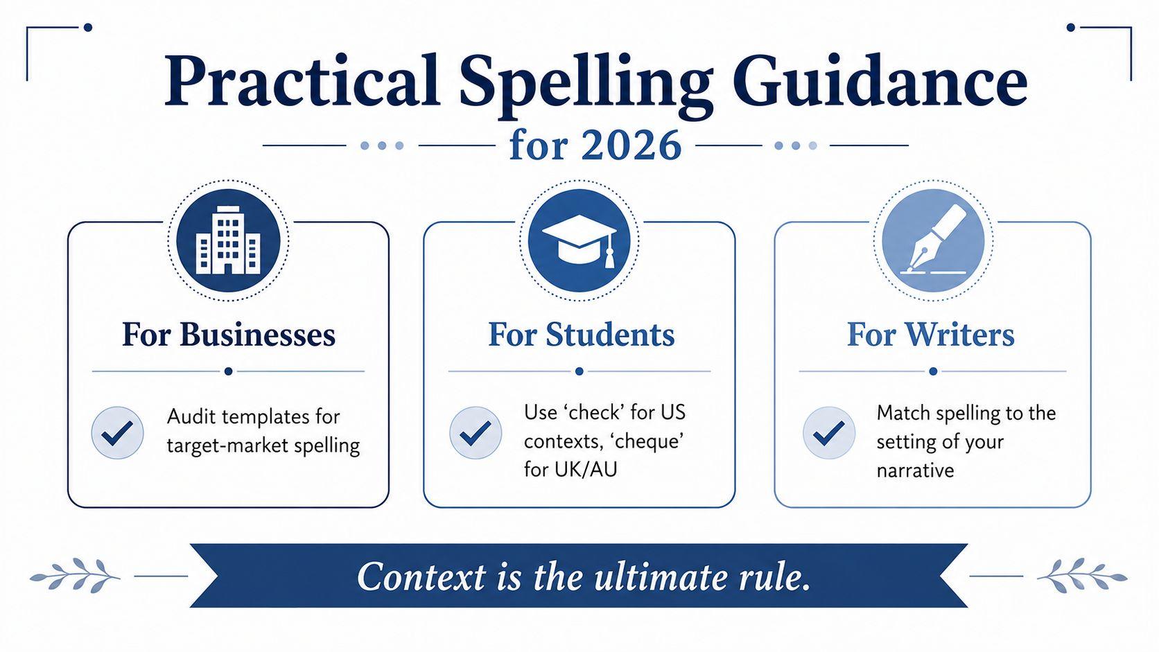 An infographic titled Practical Spelling Guidance for 2026, offering advice for businesses, students, and writers on spelling.