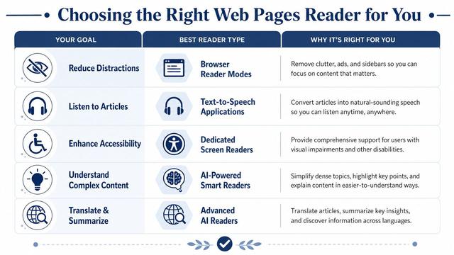 A chart comparing different types of web readers based on user goals and benefits for reading.
