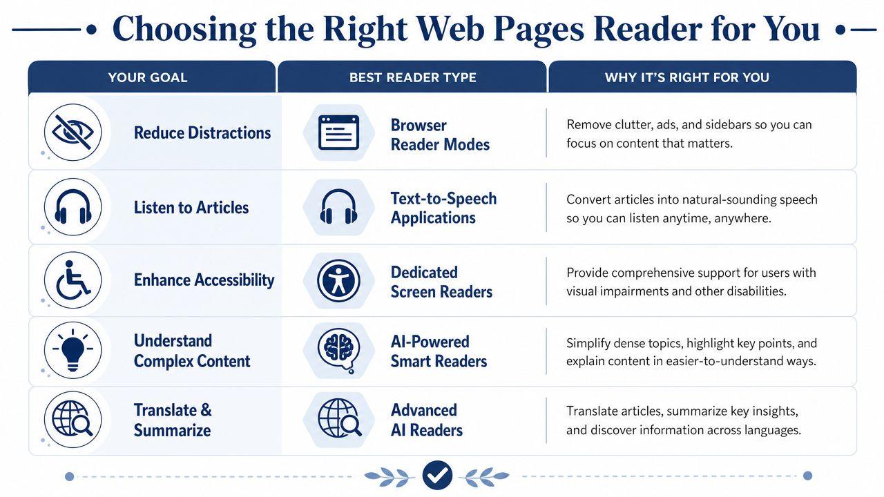 A chart comparing different types of web readers based on user goals and benefits for reading.