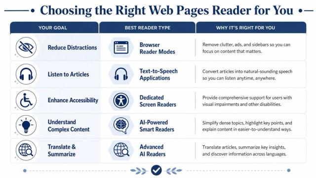 A chart comparing different types of web readers based on user goals and benefits for reading.