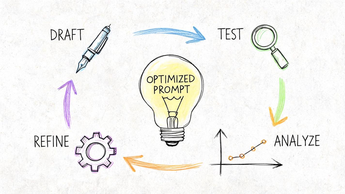 A hand-drawn diagram illustrating a circular cycle of prompt optimization including draft, test, analyze, and refine steps.