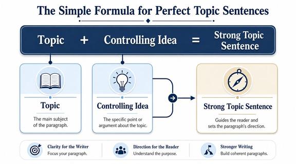 A diagram explaining that a strong topic sentence consists of a main topic plus a controlling idea.