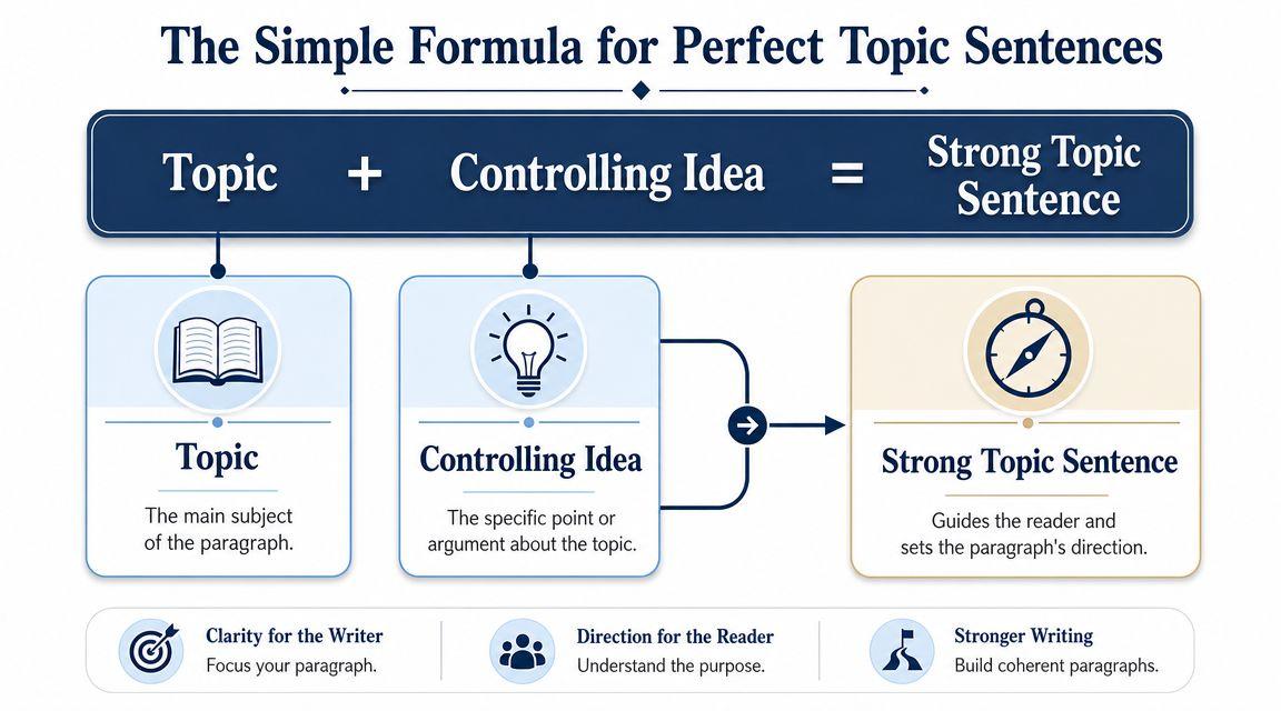 A diagram explaining that a strong topic sentence consists of a main topic plus a controlling idea.