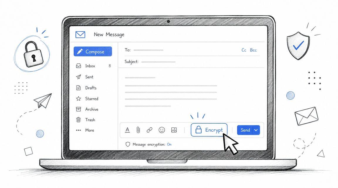 A laptop screen displaying an email interface with a highlighted Encrypt button being clicked by a cursor.