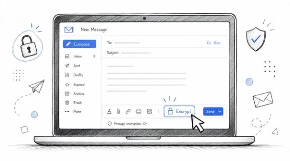 A laptop screen displaying an email interface with a highlighted Encrypt button being clicked by a cursor.