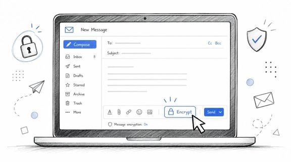 A laptop screen displaying an email interface with a highlighted Encrypt button being clicked by a cursor.