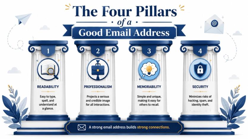 An infographic titled The Four Pillars of a Good Email Address outlining readability, professionalism, memorability, and security.