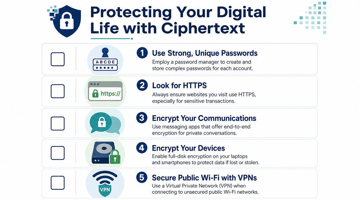 An infographic titled Protecting Your Digital Life with Ciphertext, listing five security tips for online safety.