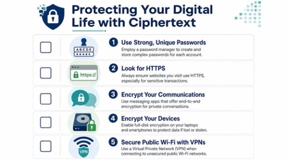 An infographic titled Protecting Your Digital Life with Ciphertext, listing five security tips for online safety.