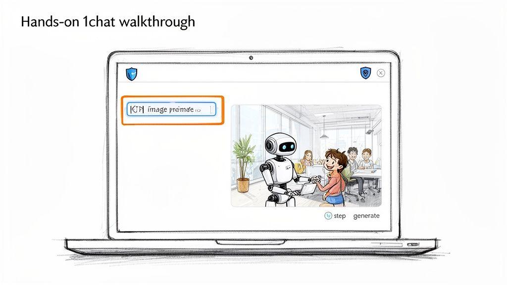 Digital illustration of a laptop showing an AI interface for generating images from prompts.